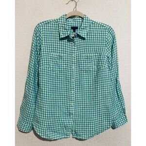 Talbots Top Womens Medium Green Gingham Linen Roll Tab Long Sleeve Cottagecore
